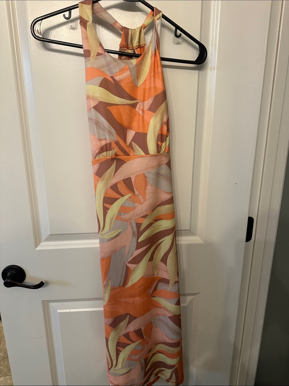 Prana Sleeveless Halter Maxi Dress in Orange, Cream and Brown